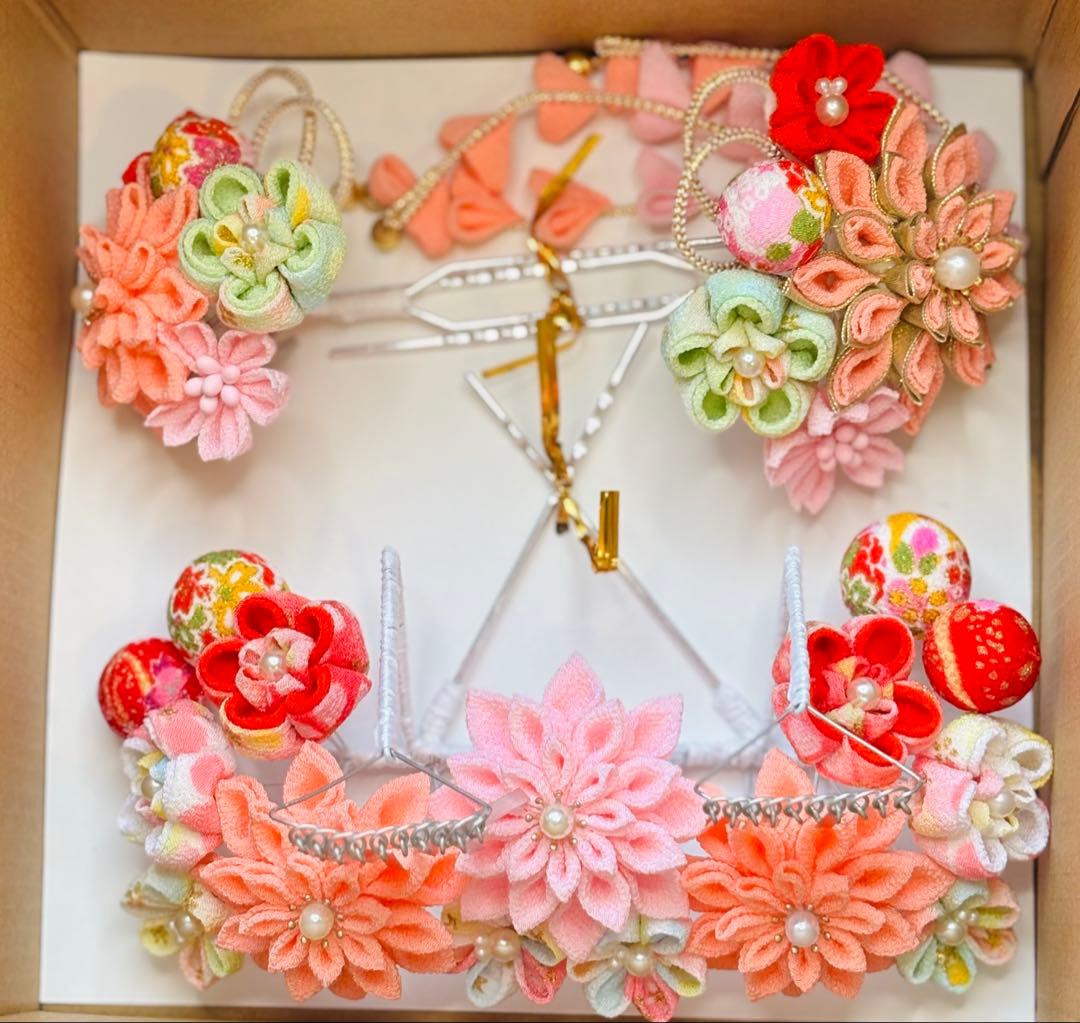 七五三髪飾りセット つまみ細工 7歳 パステルカラー はねず色×桜色 7-12