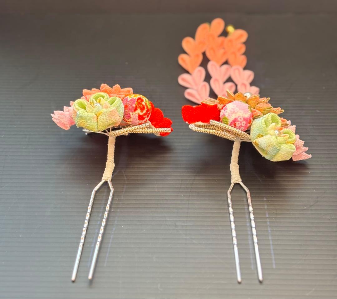 七五三髪飾りセット つまみ細工 7歳 パステルカラー はねず色×桜色 7-12