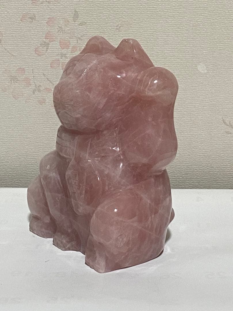 ♦天然石 招き猫 ローズクォーツ 輝石 開運 財運 金運 千客万来 置物 飾り
