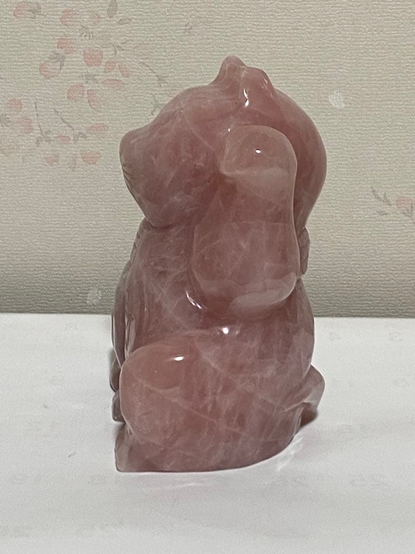 ♦天然石 招き猫 ローズクォーツ 輝石 開運 財運 金運 千客万来 置物 飾り