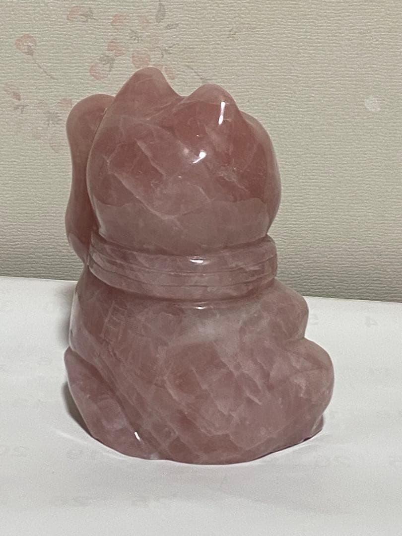 ♦天然石 招き猫 ローズクォーツ 輝石 開運 財運 金運 千客万来 置物 飾り