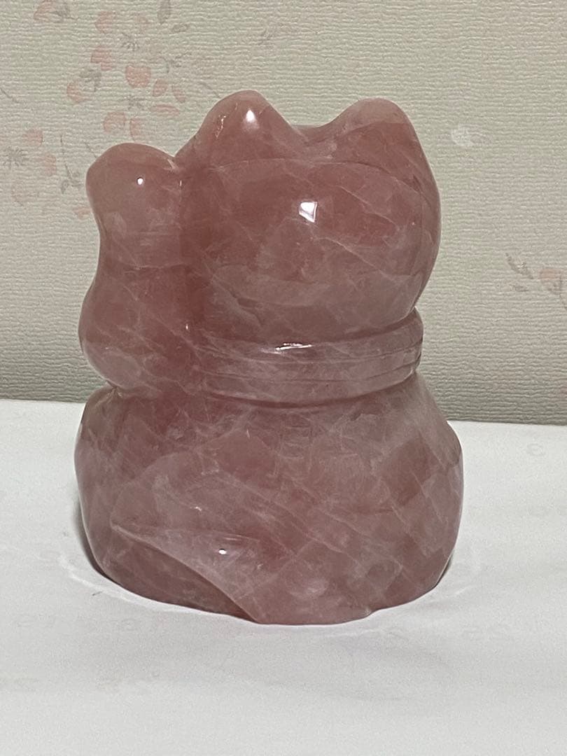 ♦天然石 招き猫 ローズクォーツ 輝石 開運 財運 金運 千客万来 置物 飾り