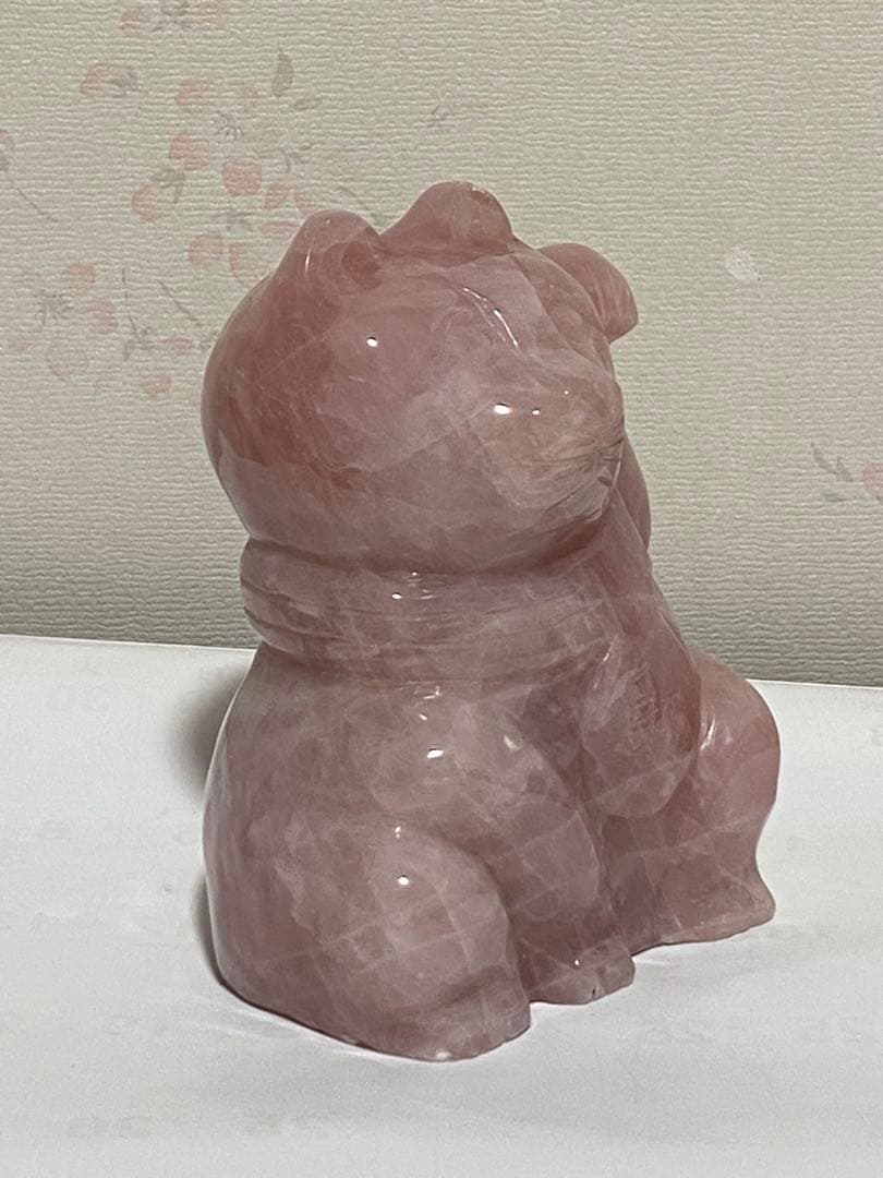 ♦天然石 招き猫 ローズクォーツ 輝石 開運 財運 金運 千客万来 置物 飾り