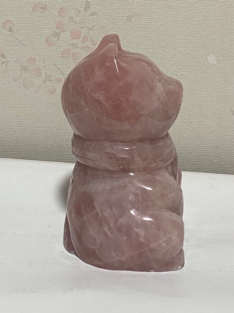 ♦天然石 招き猫 ローズクォーツ 輝石 開運 財運 金運 千客万来 置物 飾り