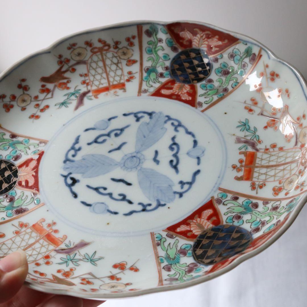 時代色絵伊万里　さわやかな赤絵に梅と鶯鳥籠図七寸皿プレート2枚 骨董古伊万里