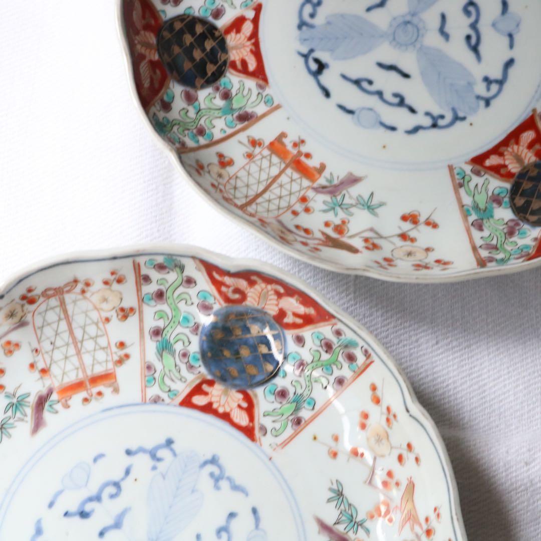 時代色絵伊万里　さわやかな赤絵に梅と鶯鳥籠図七寸皿プレート2枚 骨董古伊万里