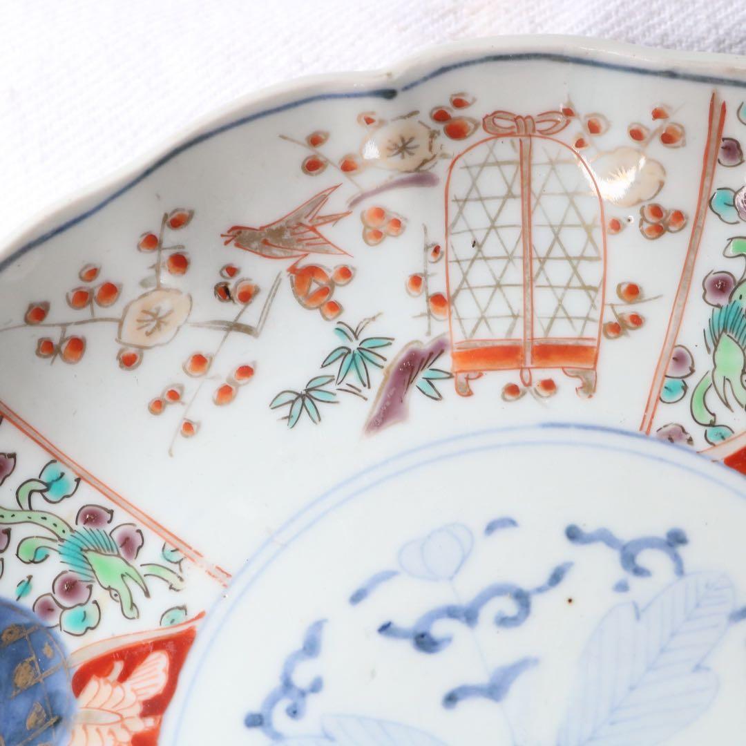 時代色絵伊万里　さわやかな赤絵に梅と鶯鳥籠図七寸皿プレート2枚 骨董古伊万里