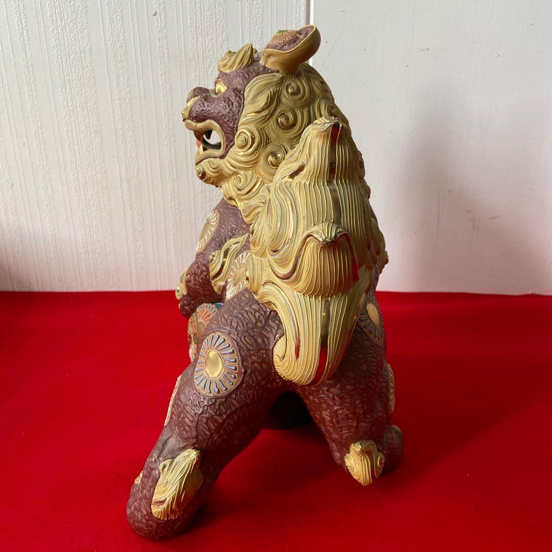 九谷焼 玉獅子 一対 レッド×ゴールド 魔除け 置物　e1158-A