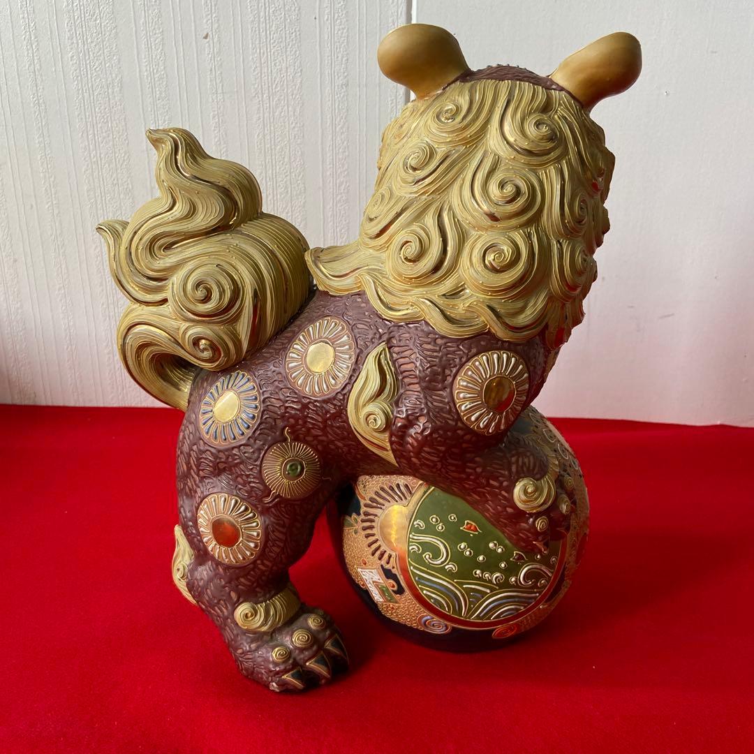 九谷焼 玉獅子 一対 レッド×ゴールド 魔除け 置物　e1158-A