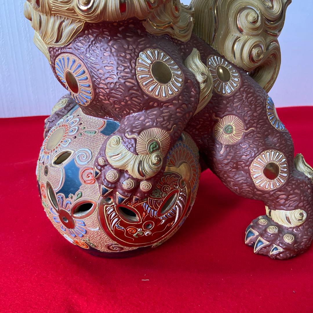 九谷焼 玉獅子 一対 レッド×ゴールド 魔除け 置物　e1158-A