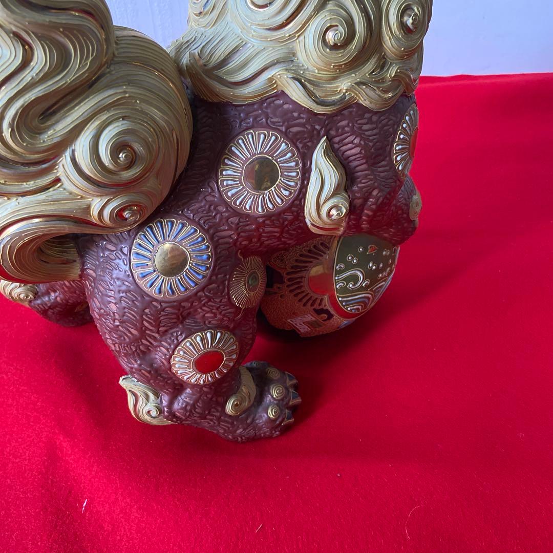 九谷焼 玉獅子 一対 レッド×ゴールド 魔除け 置物　e1158-A