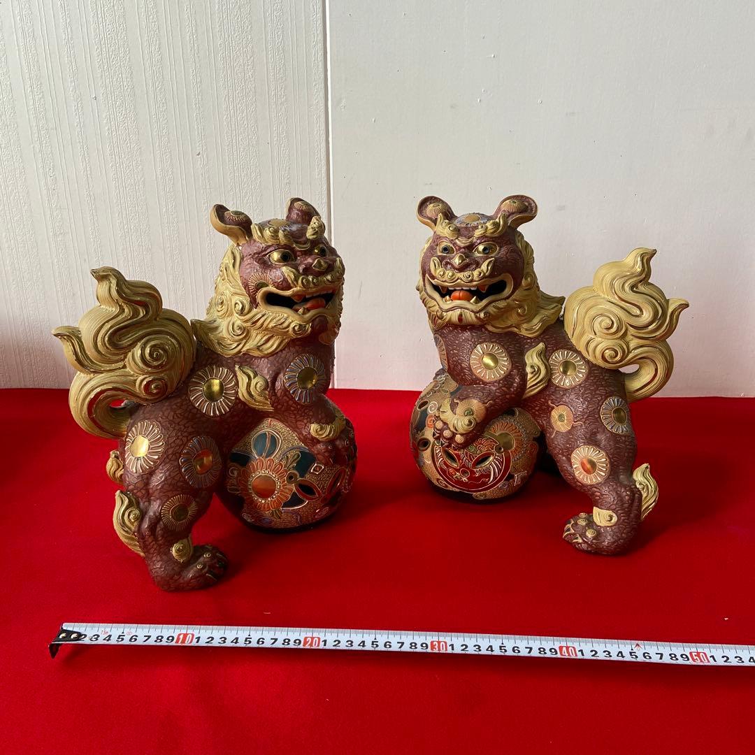 九谷焼 玉獅子 一対 レッド×ゴールド 魔除け 置物　e1158-A