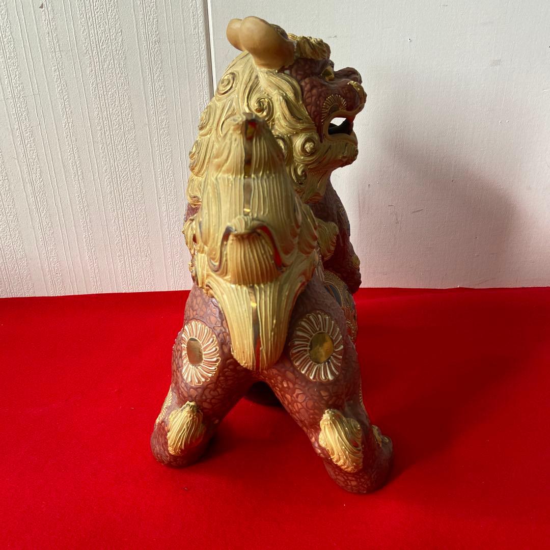 九谷焼 玉獅子 一対 レッド×ゴールド 魔除け 置物　e1158-A