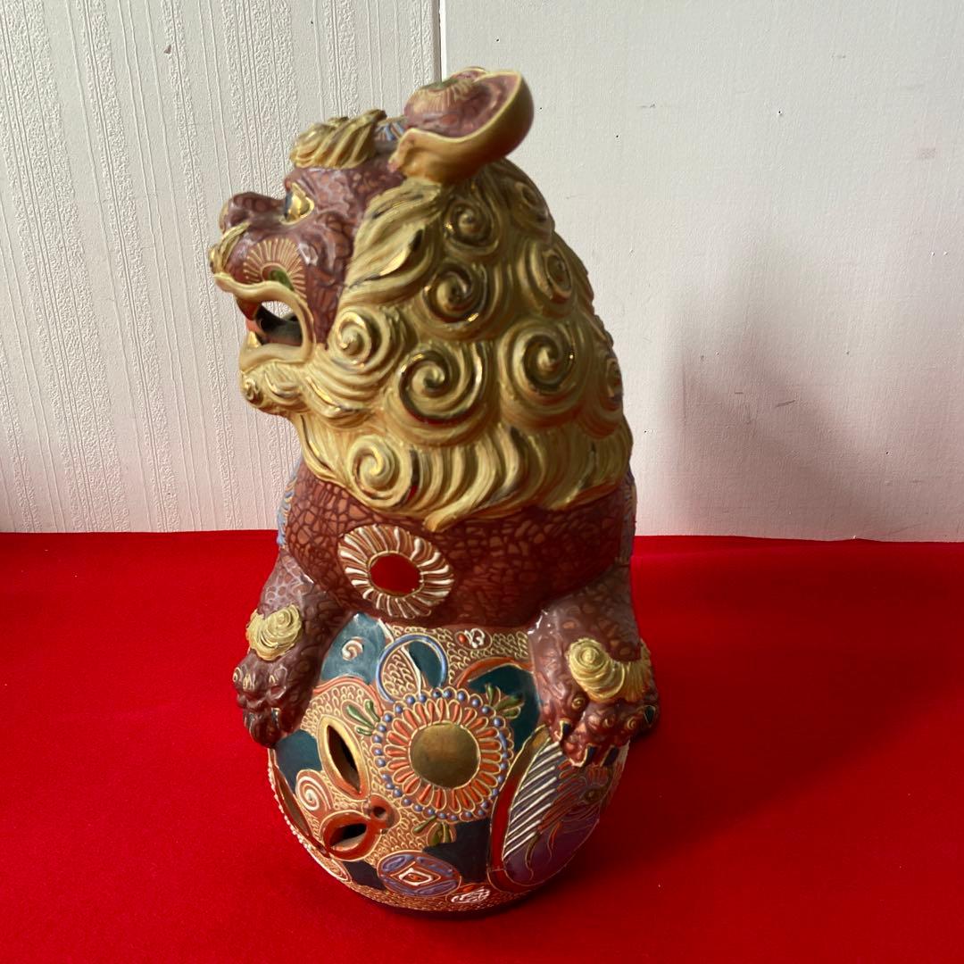 九谷焼 玉獅子 一対 レッド×ゴールド 魔除け 置物　e1158-A