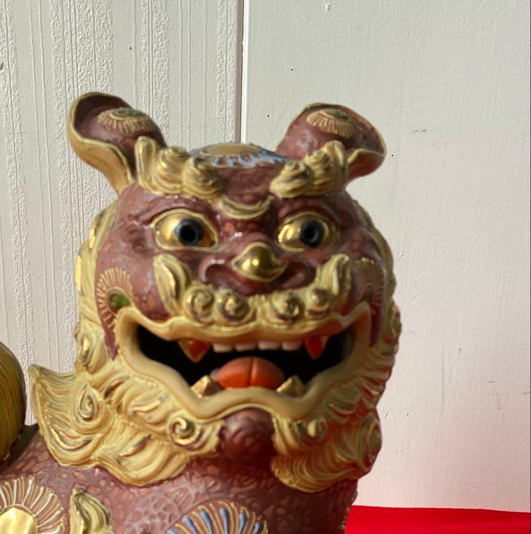 九谷焼 玉獅子 一対 レッド×ゴールド 魔除け 置物　e1158-A