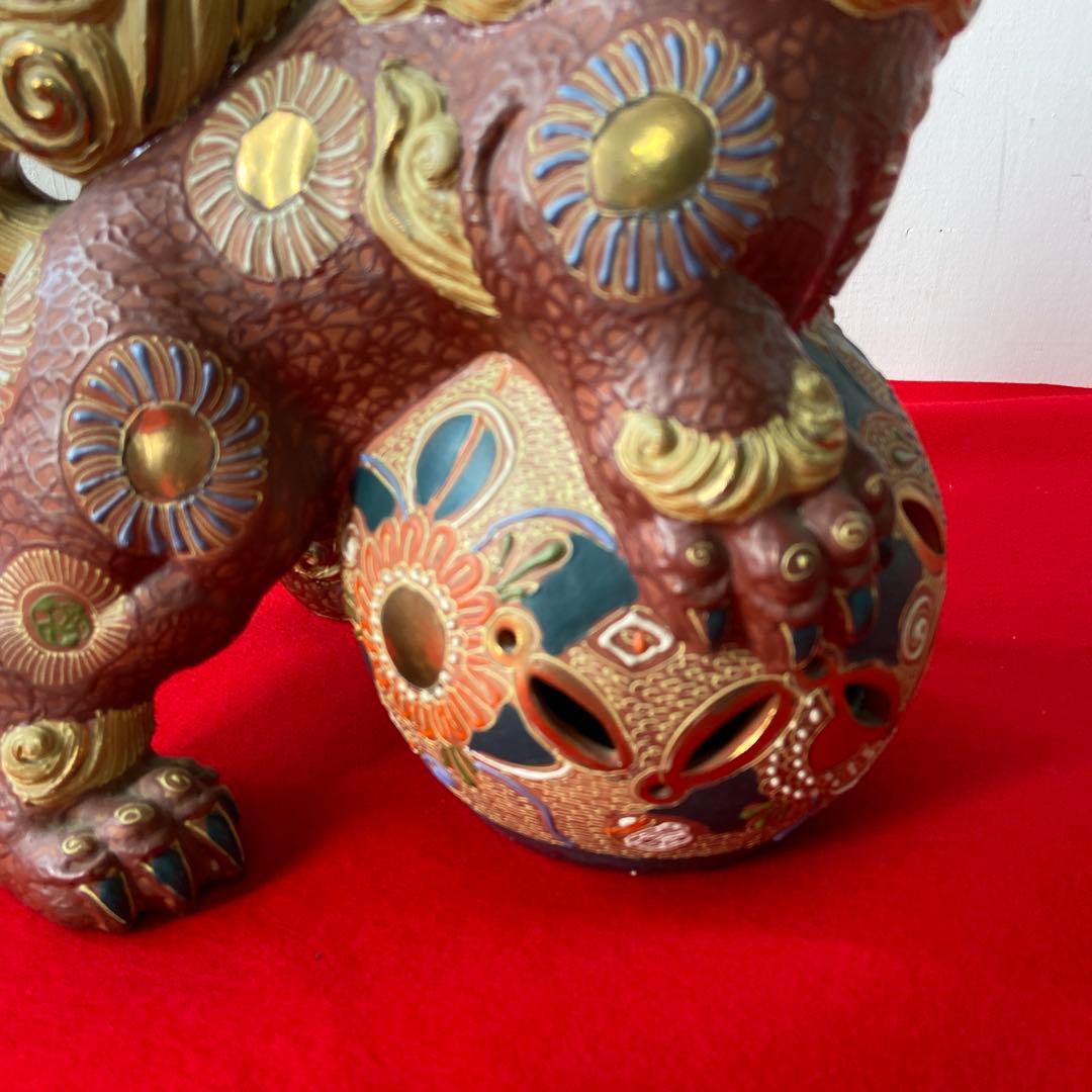 九谷焼 玉獅子 一対 レッド×ゴールド 魔除け 置物　e1158-A