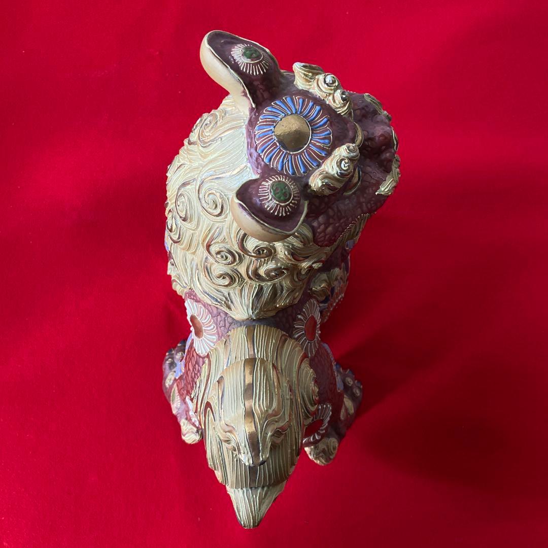 九谷焼 玉獅子 一対 レッド×ゴールド 魔除け 置物　e1158-A