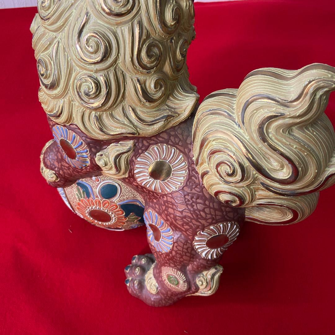 九谷焼 玉獅子 一対 レッド×ゴールド 魔除け 置物　e1158-A