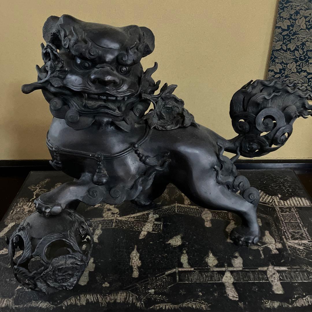 玉獅子香炉　玉獅子置物　銅製　置き物　縁起物　厄除け　高岡銅器　骨董品