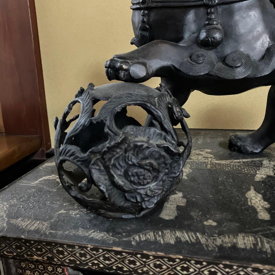 玉獅子香炉　玉獅子置物　銅製　置き物　縁起物　厄除け　高岡銅器　骨董品