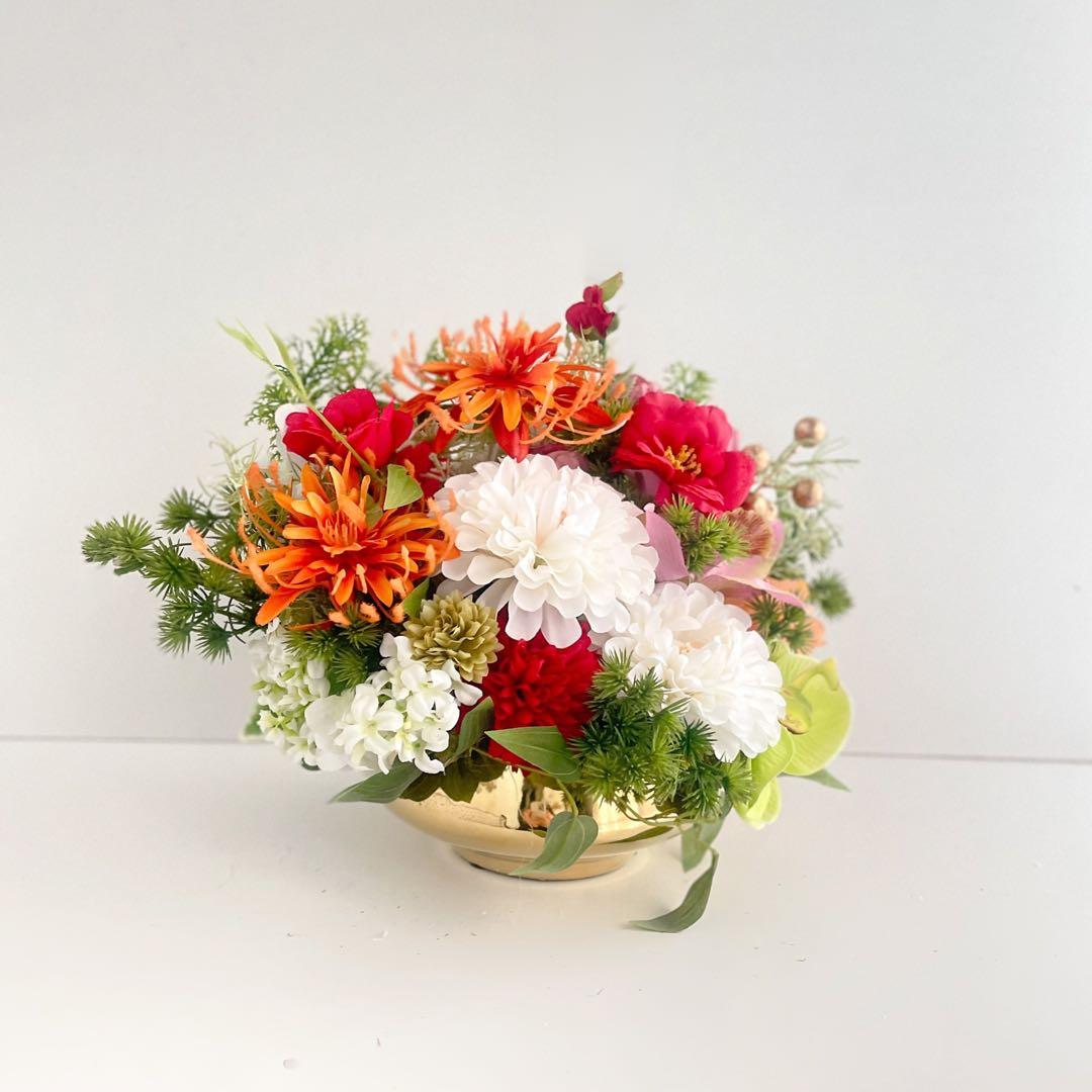 光触媒フラワー 和モダンラウンドアレンジメント｜ゴールド花器・正月アレンジ