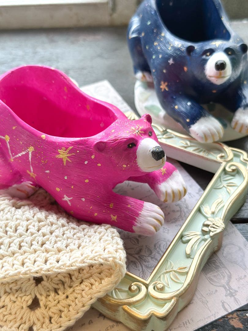 天然石・アクセサリー浄化ベッド　星空クマちゃん （スターリングピンク）御守アート