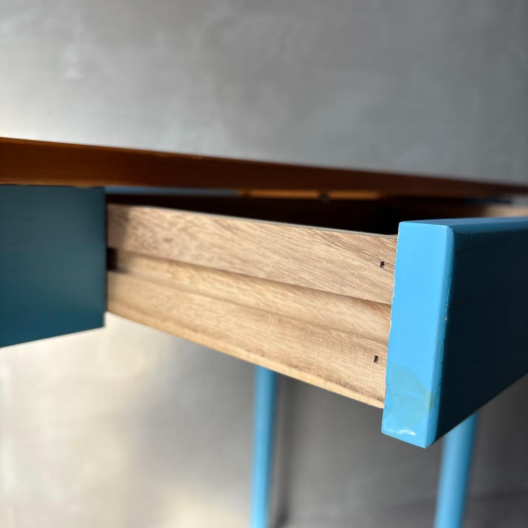 カントリー風 木製テーブル デスク 引き出し付き 水色 アンティーク風