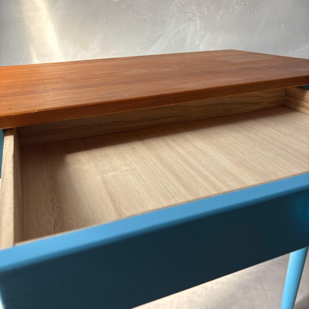 カントリー風 木製テーブル デスク 引き出し付き 水色 アンティーク風