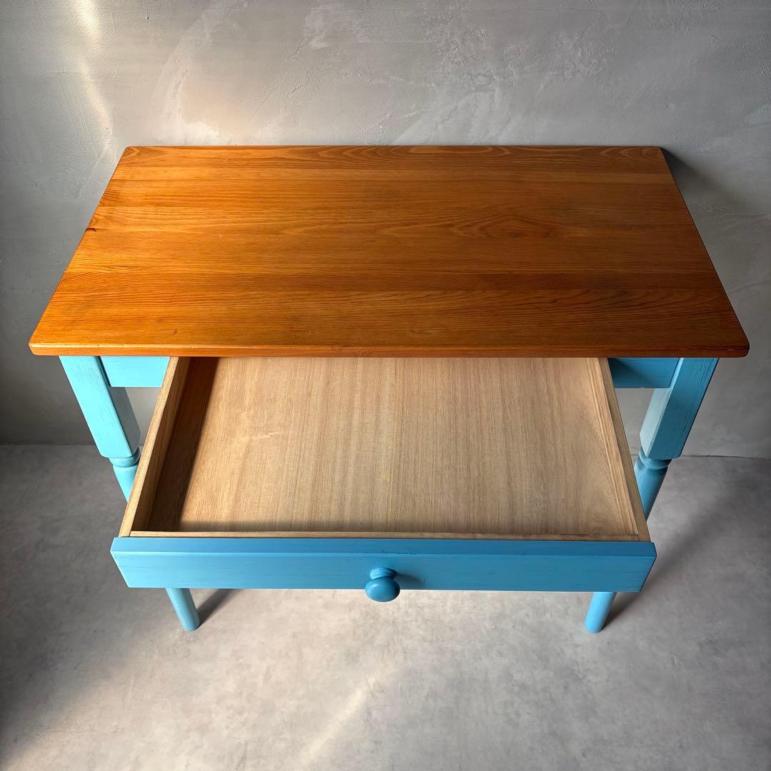 カントリー風 木製テーブル デスク 引き出し付き 水色 アンティーク風