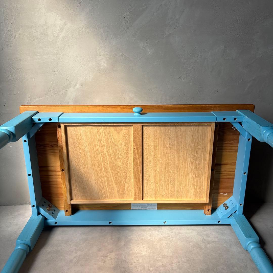 カントリー風 木製テーブル デスク 引き出し付き 水色 アンティーク風