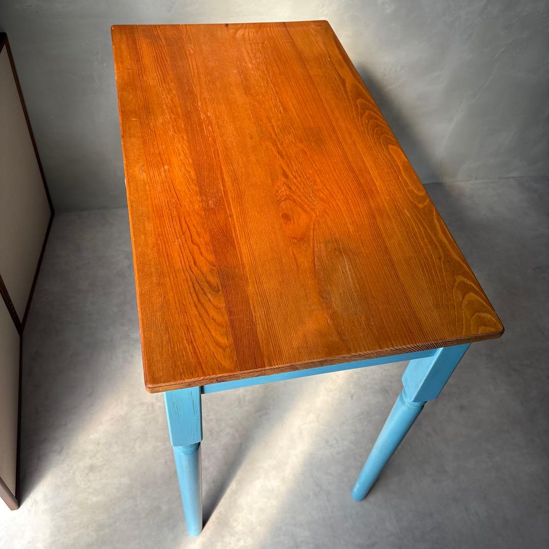 カントリー風 木製テーブル デスク 引き出し付き 水色 アンティーク風