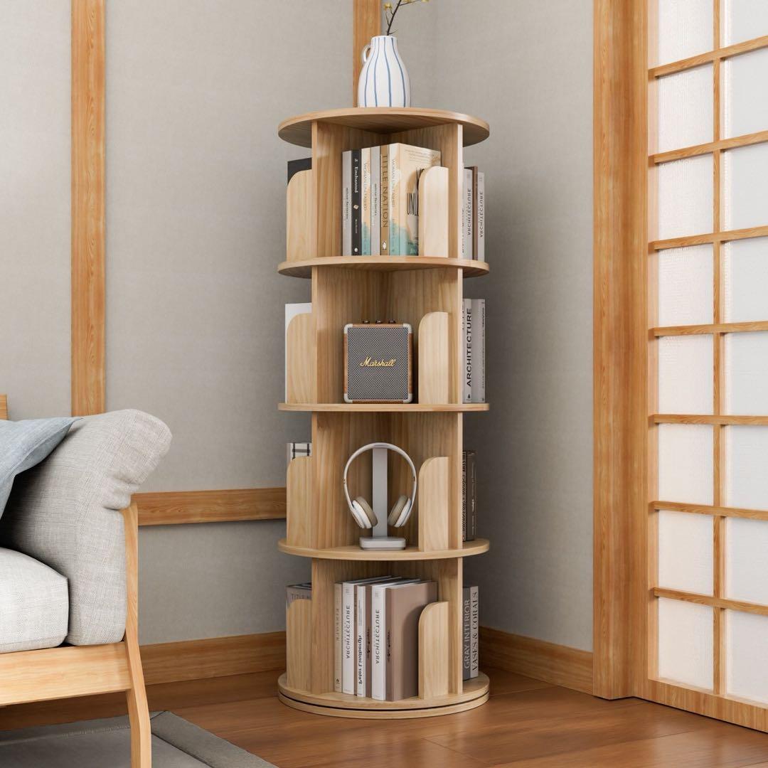 本棚 回転式 4段 天然木 絵本棚 木製 漫画 大容量 スリム 組立簡単 収納棚