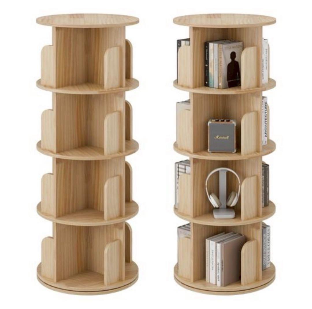 本棚 回転式 4段 天然木 絵本棚 木製 漫画 大容量 スリム 組立簡単 収納棚