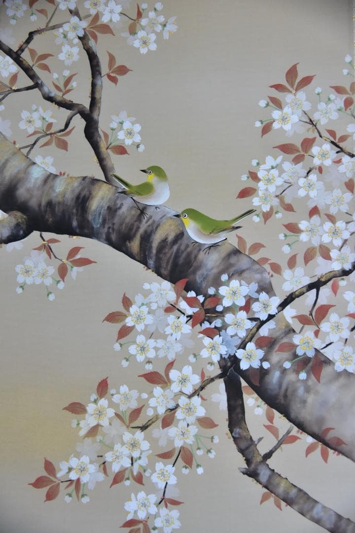 値下げ、ＮＯ１桜小禽掛軸花鳥　佐藤良一作、絹本肉筆　共箱