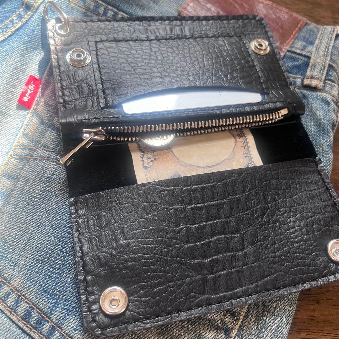 姫路レザー トラッカーウォレットミドル 黒 クロコ型押し 『紙幣折らず