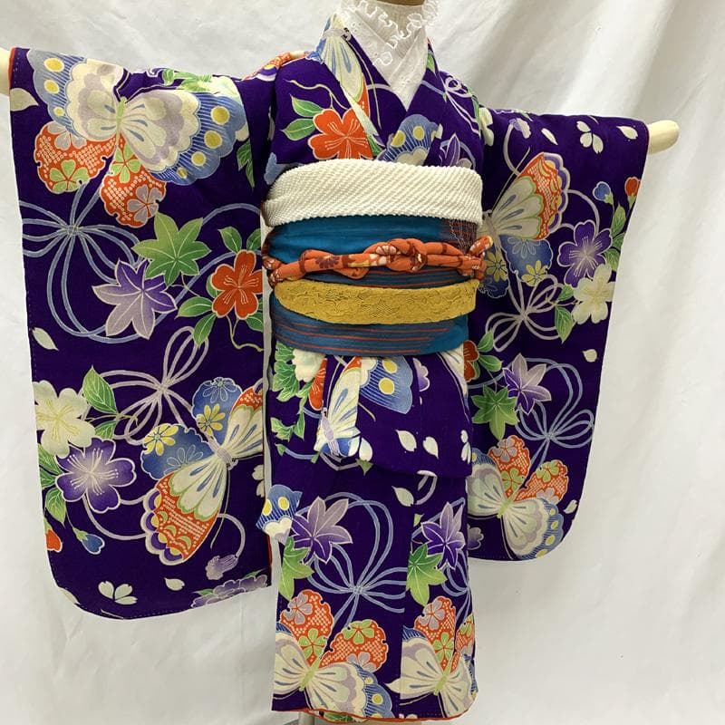 601ag8□七五三 三歳 アンティーク女児 着物&兵児帯 蝶 花□状態良好