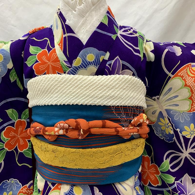 601ag8□七五三 三歳 アンティーク女児 着物&兵児帯 蝶 花□状態良好