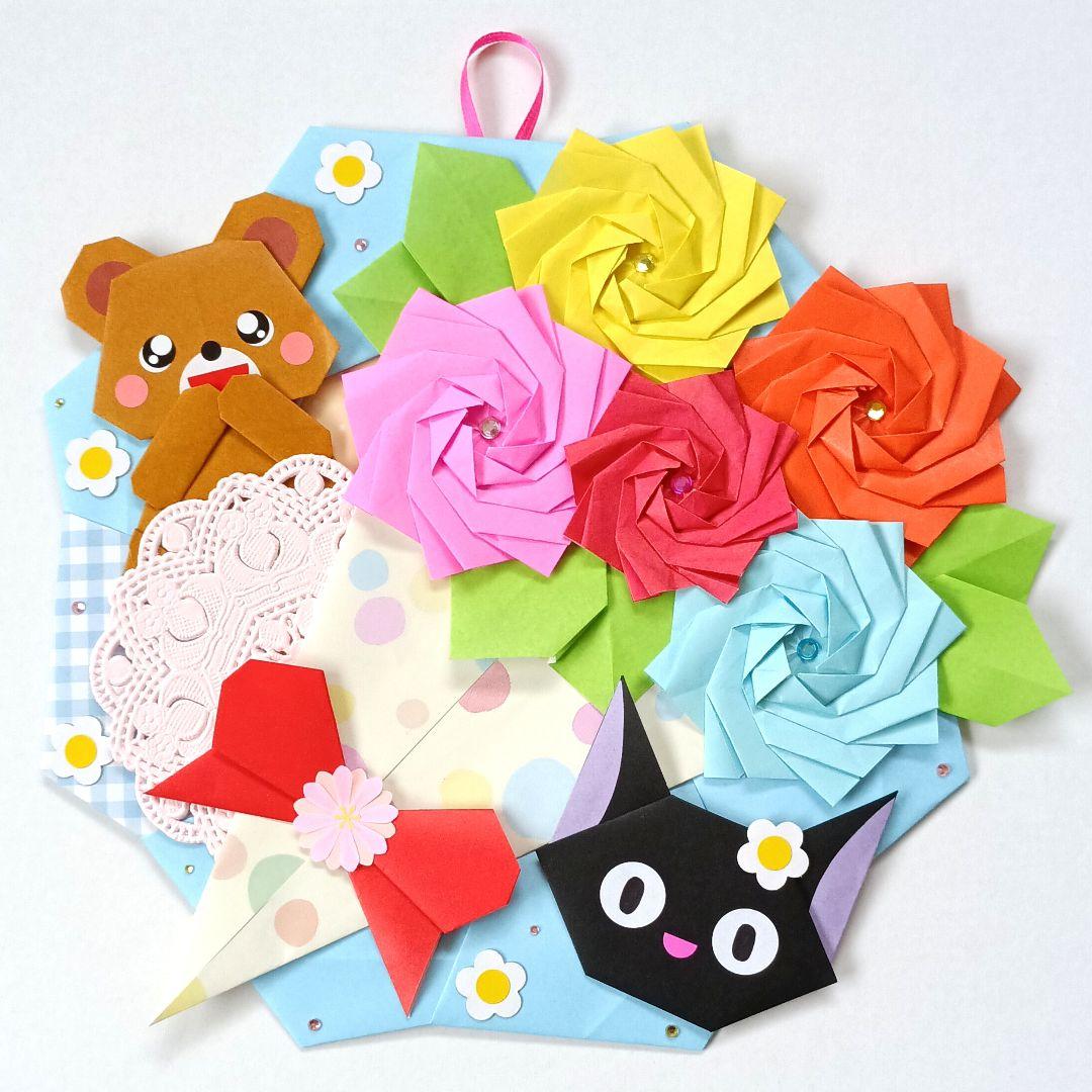 ☆ 折り紙 リース 壁面飾り 「黒猫ちゃんありがとう♡花束・感謝・くま