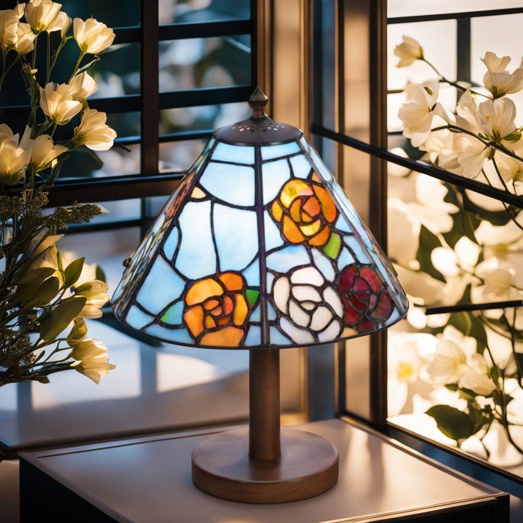 バラが彩る 卓上照明 ステンドグラス 爽やかなブルー