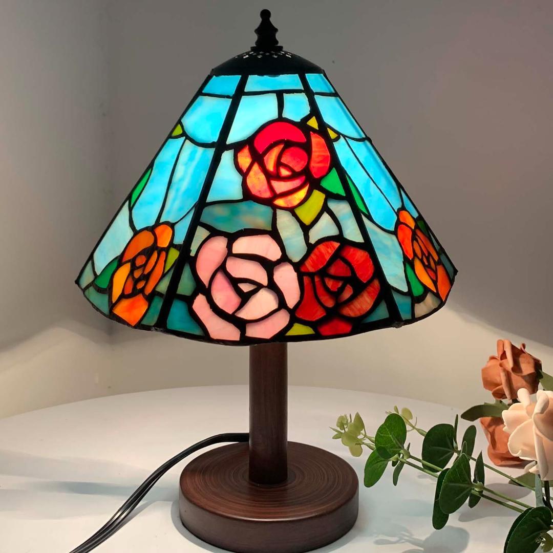 バラが彩る 卓上照明 ステンドグラス 爽やかなブルー
