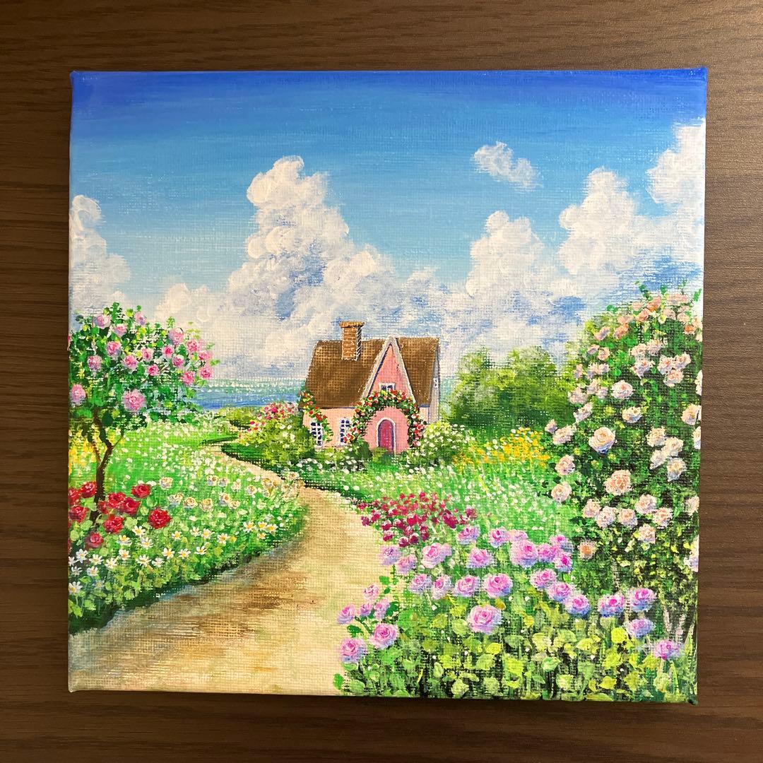 絵画 原画 風景画 肉筆 キャンバス 20×20㎝ 『海の見えるバラガーデン