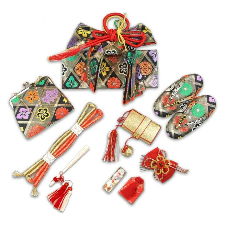 3歳 七五三 はこせこ 結び帯9点セット 女の子 ペアセット　筥迫　黒系