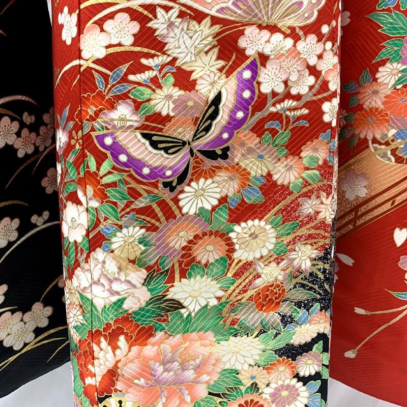 510ag17□七五三 七歳 女児 着物&袋帯 架け橋に花車 蝶 桜□状態良好