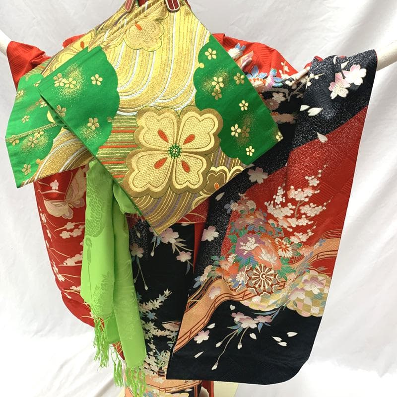 510ag17□七五三 七歳 女児 着物&袋帯 架け橋に花車 蝶 桜□状態良好