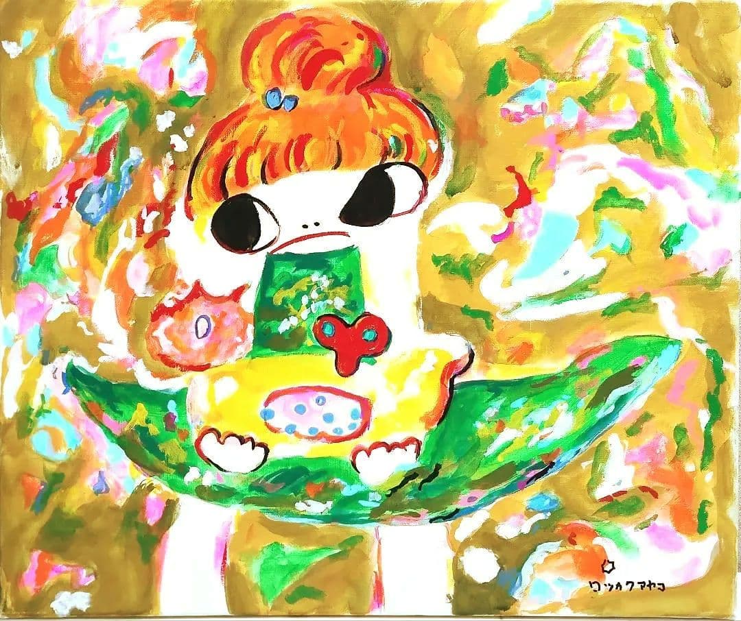 【F8号】ロッカクアヤコ　肉筆保証/手描作品/表裏サイン有/油絵/油彩/アクリル