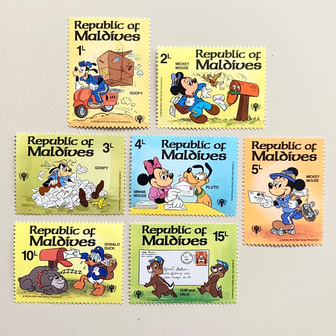 外国切手7枚（ディズニー切手：モルディブ発行ミッキーの郵便屋さん