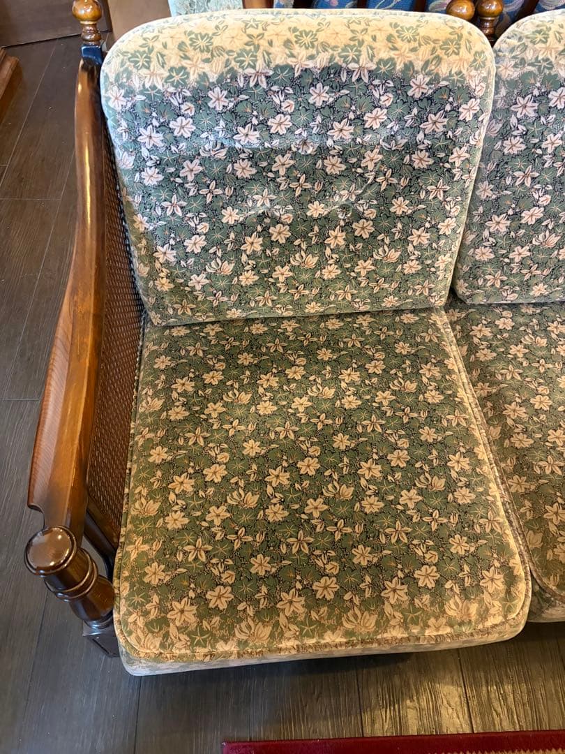 カリモク ソファ 3P 3人掛け 籐 ラタン アームソファ レトロ 花柄