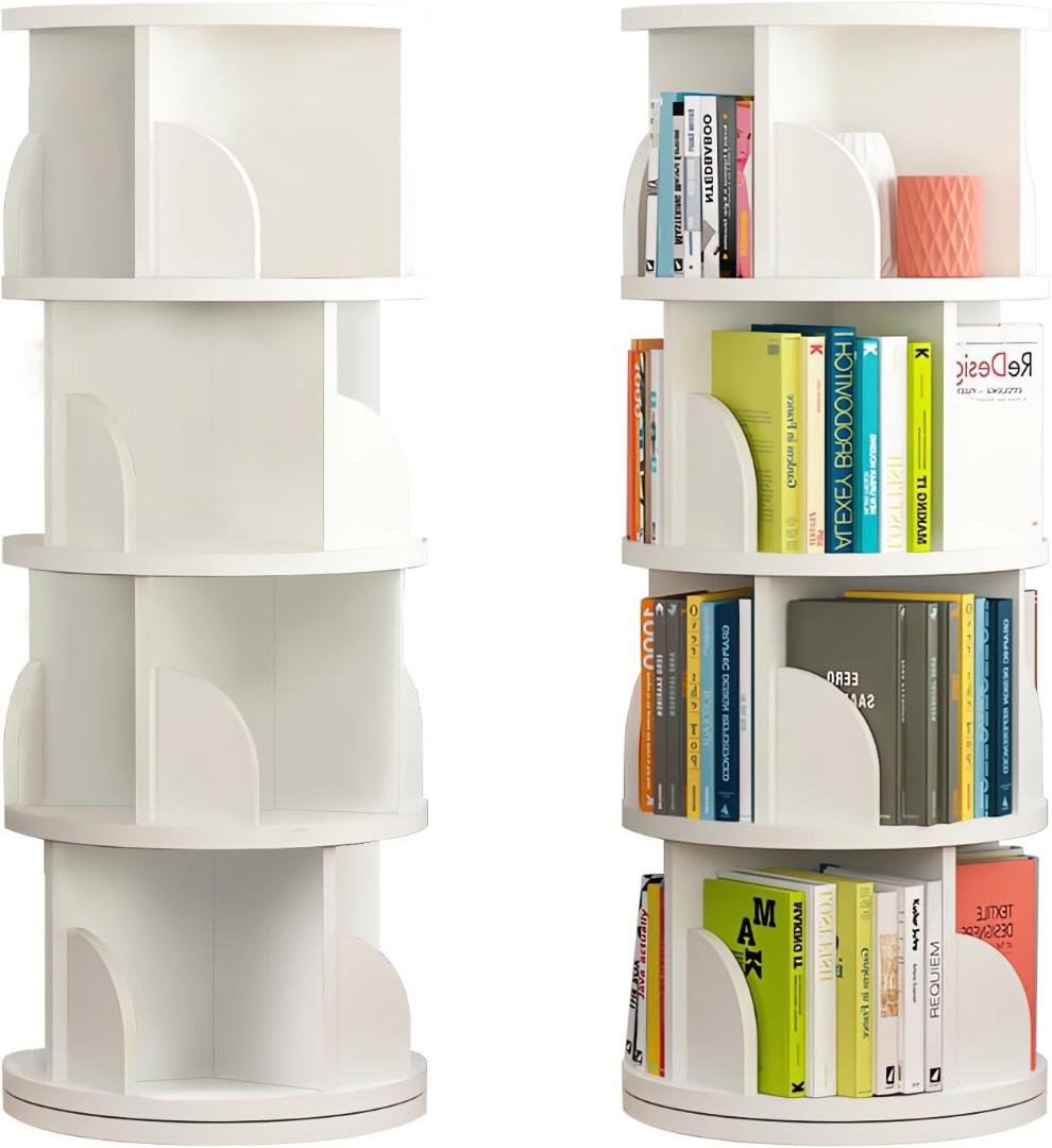 本棚 回転式本棚 4段 大容量 直径46CM 漫画絵本棚 タワーラック　白色
