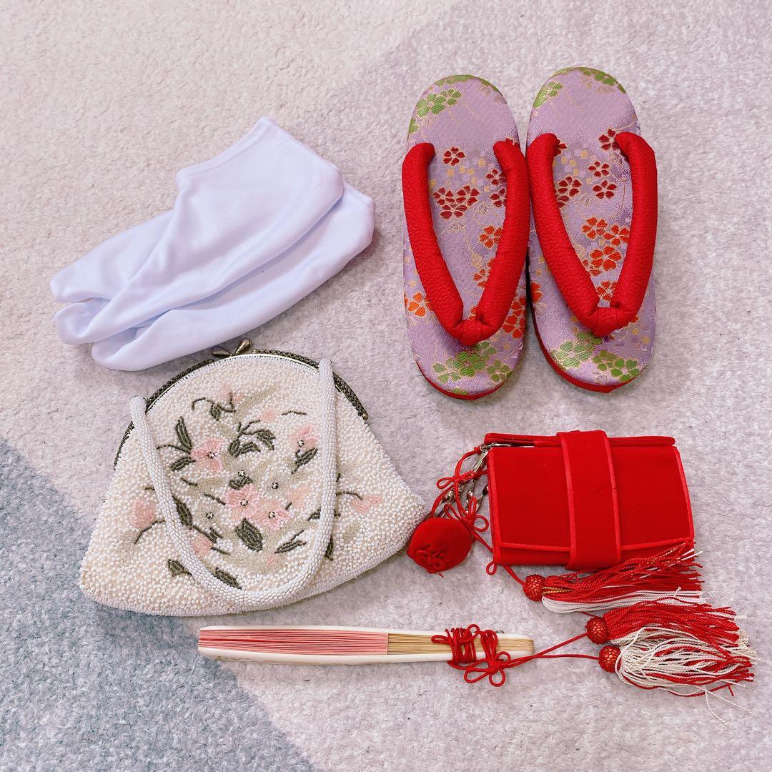 七五三 7歳〜ジュニア 着物 帯 ビーズバッグ 草履 小物セット ちりめん