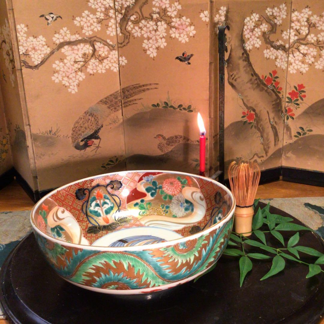 A539 古伊万里 金蘭手　見込菖蒲　窓絵流水菊紋様　大鉢　　1客